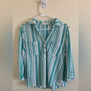 Vintage Teal and White Striped Button-Down Shirt